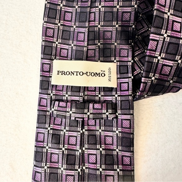 Pronto Uomo Silk Tie Men's Grey Purple Designer Necktie Office Geometric Carrier - Picture 6 of 10